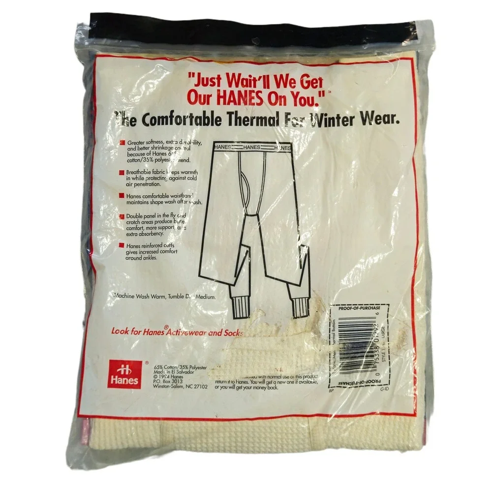 Vintage Hanes Men Thermal Bottom Large 38-40 Waffle Knit Off‎ White 1994 NIP